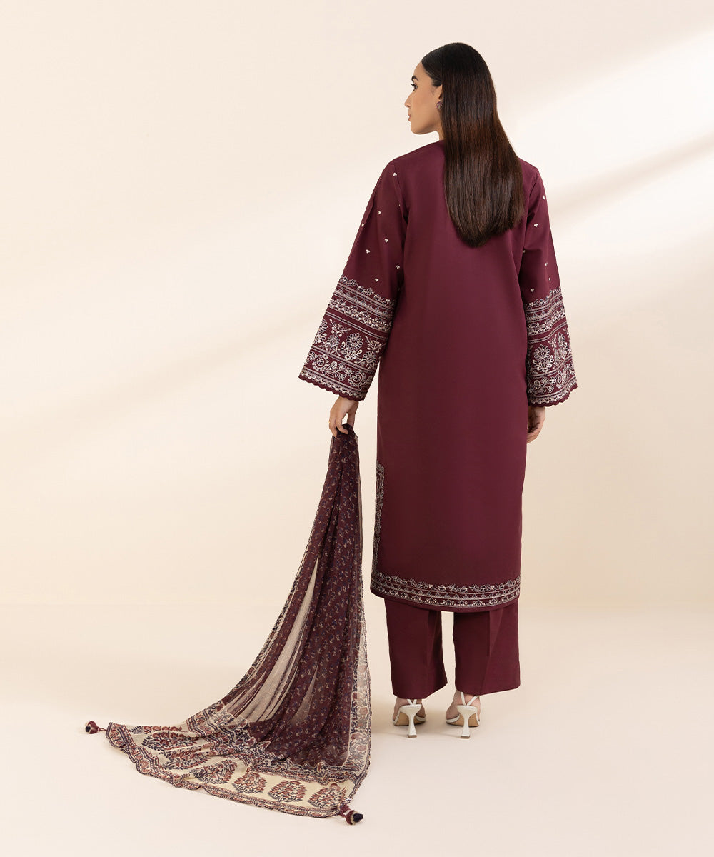 Women's Unstitched Lawn Red Embroidered 3 Piece Suit