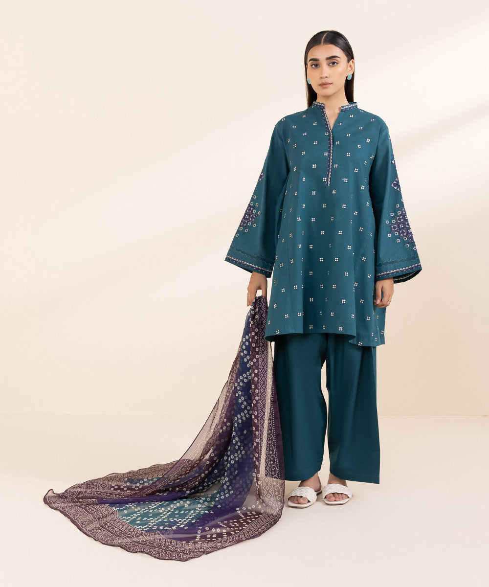 Women's Unstitched Lawn Green Embroidered 3 Piece Suit