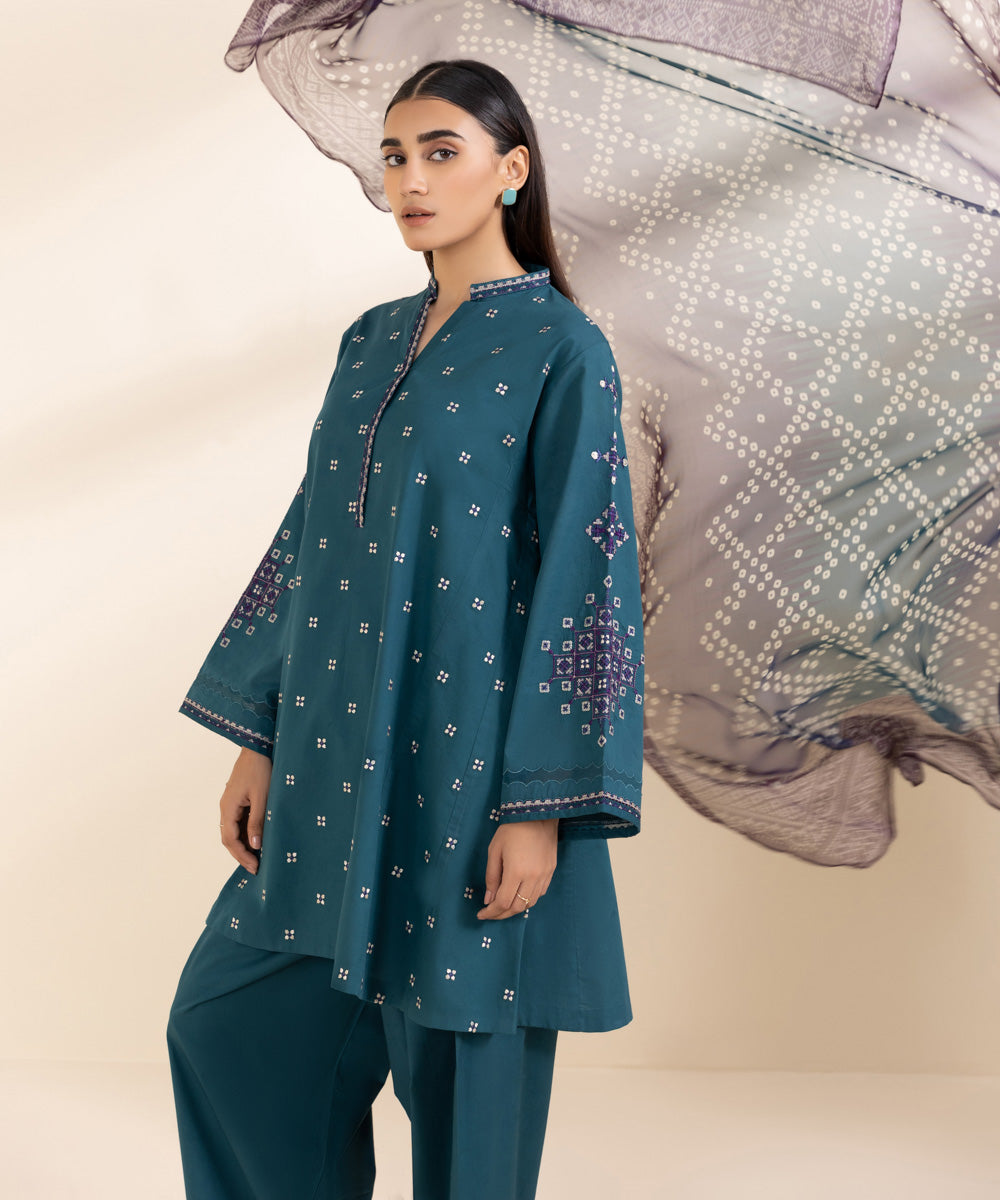 Women's Unstitched Lawn Green Embroidered 3 Piece Suit