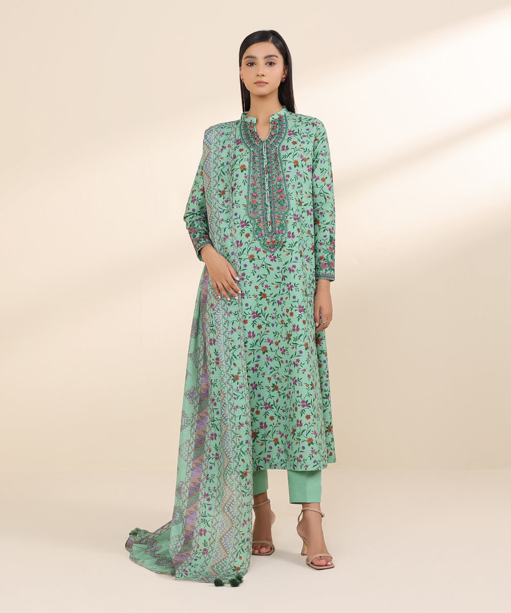 Women's Unstitched Light Khaddar Blue Embroidered 3 Piece Suit 