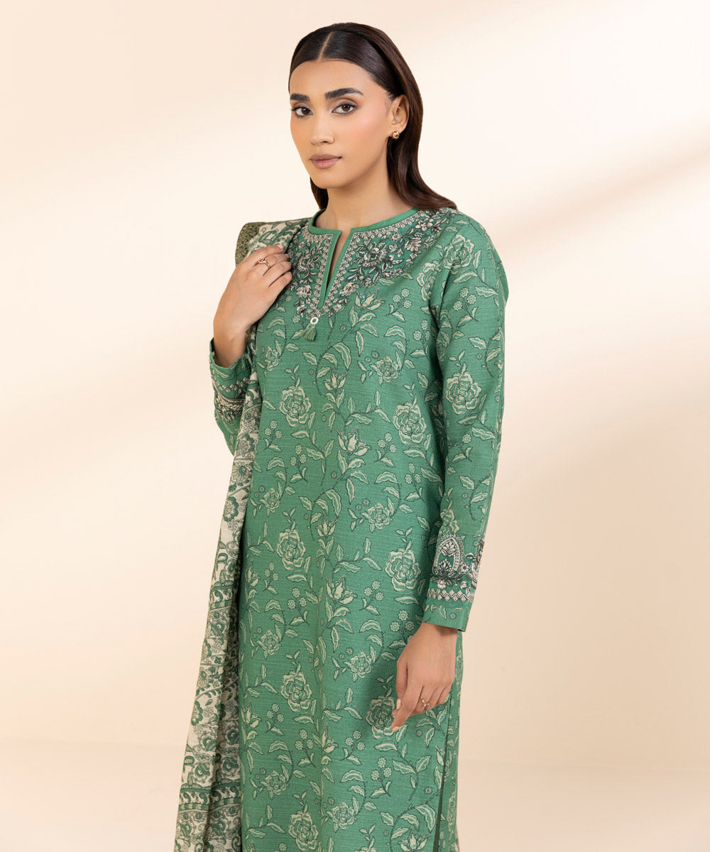 Women's Unstitched Khaddar Embroidered Green 3 Piece Suit