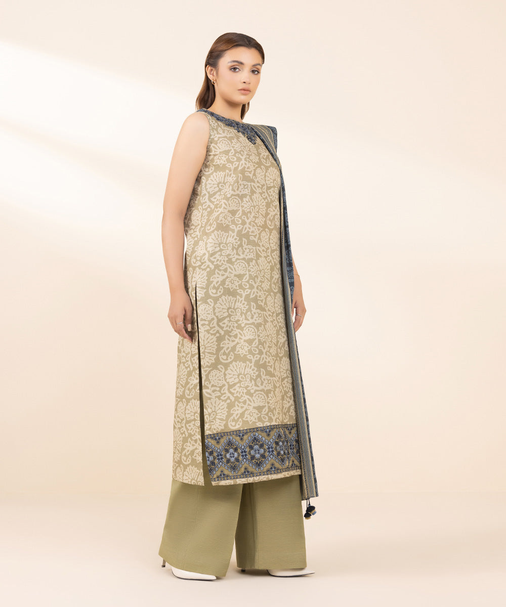 Women's Unstitched Khaddar Embroidered Beige 3 Piece Suit