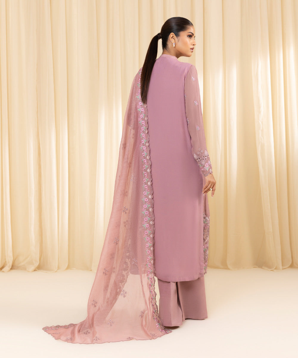 Women's Unstitched Embroidered Georgette Chiffon Pink 3 Piece Suit