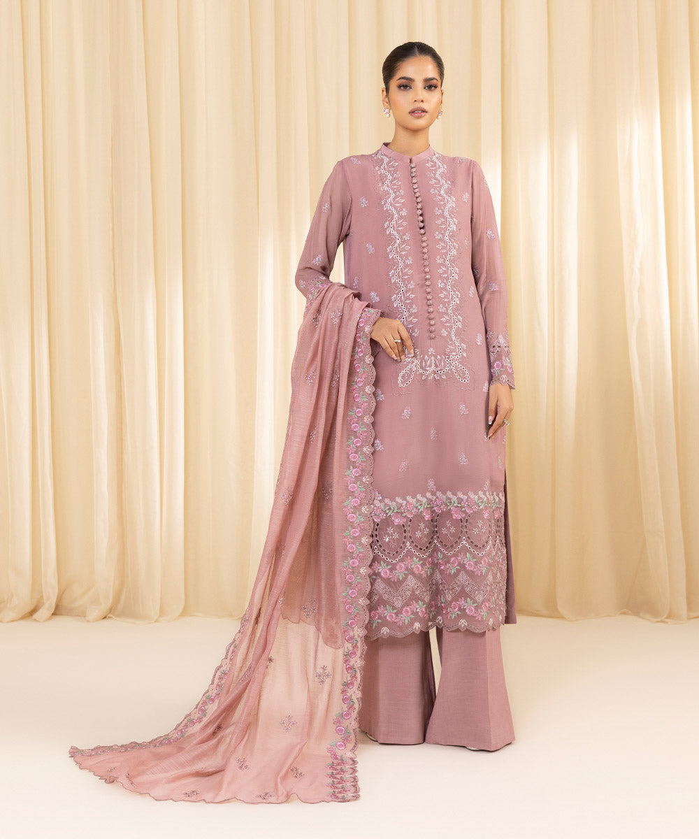 Women's Unstitched Embroidered Georgette Chiffon Pink 3 Piece Suit