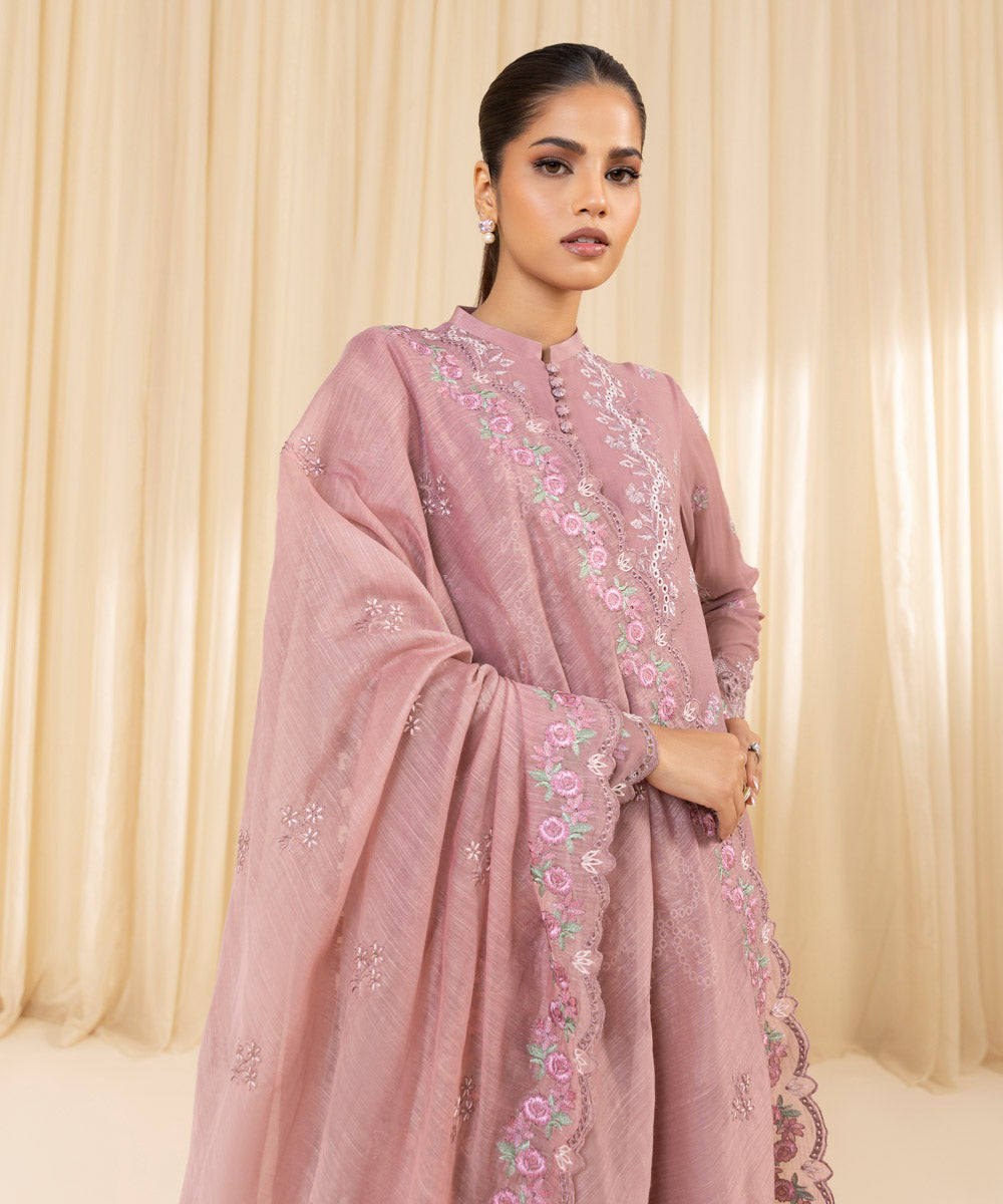 Women's Unstitched Embroidered Georgette Chiffon Pink 3 Piece Suit