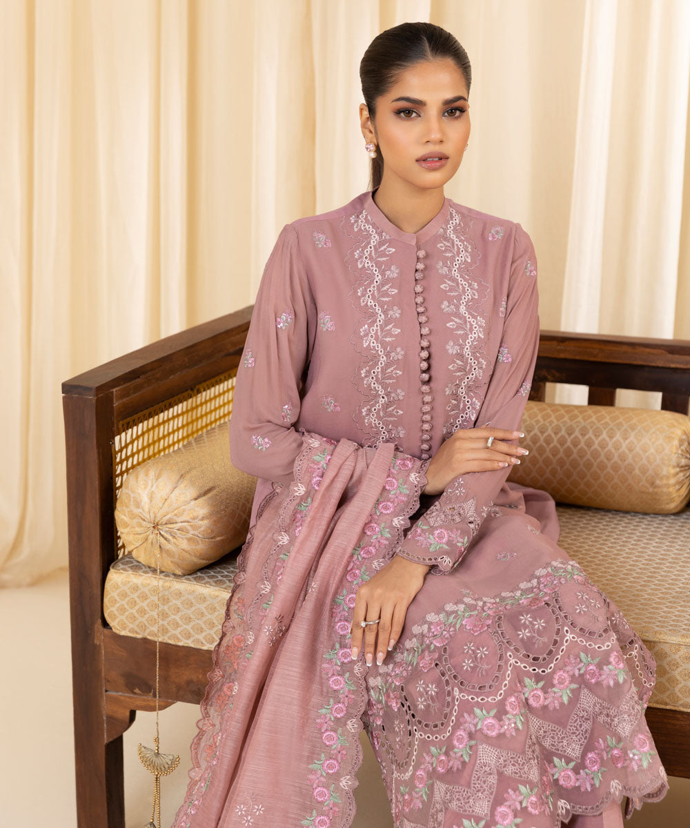 Women's Unstitched Embroidered Georgette Chiffon Pink 3 Piece Suit