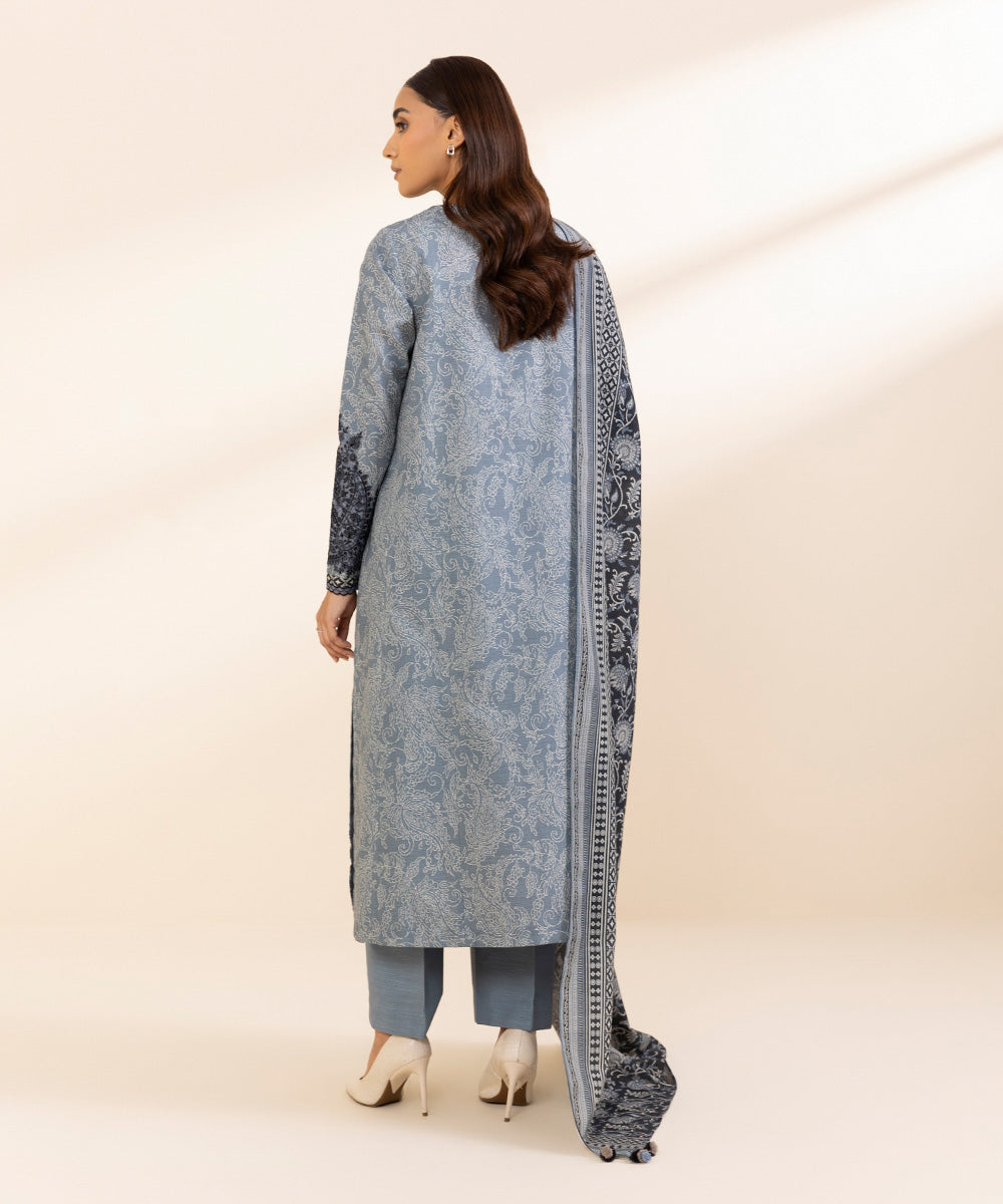 Women's Unstitched Khaddar Embroidered Blue 3 Piece Suit