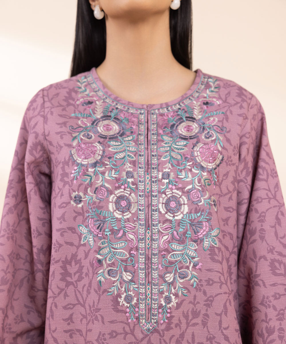 Women's Unstitched Khaddar Embroidered Purple 3 Piece Suit