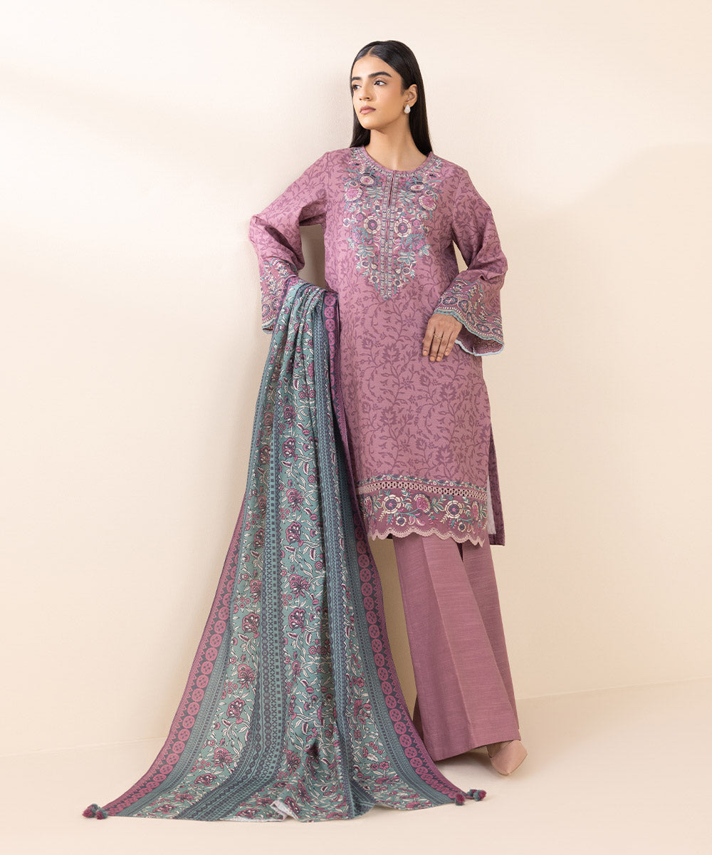 Women's Unstitched Khaddar Embroidered Purple 3 Piece Suit