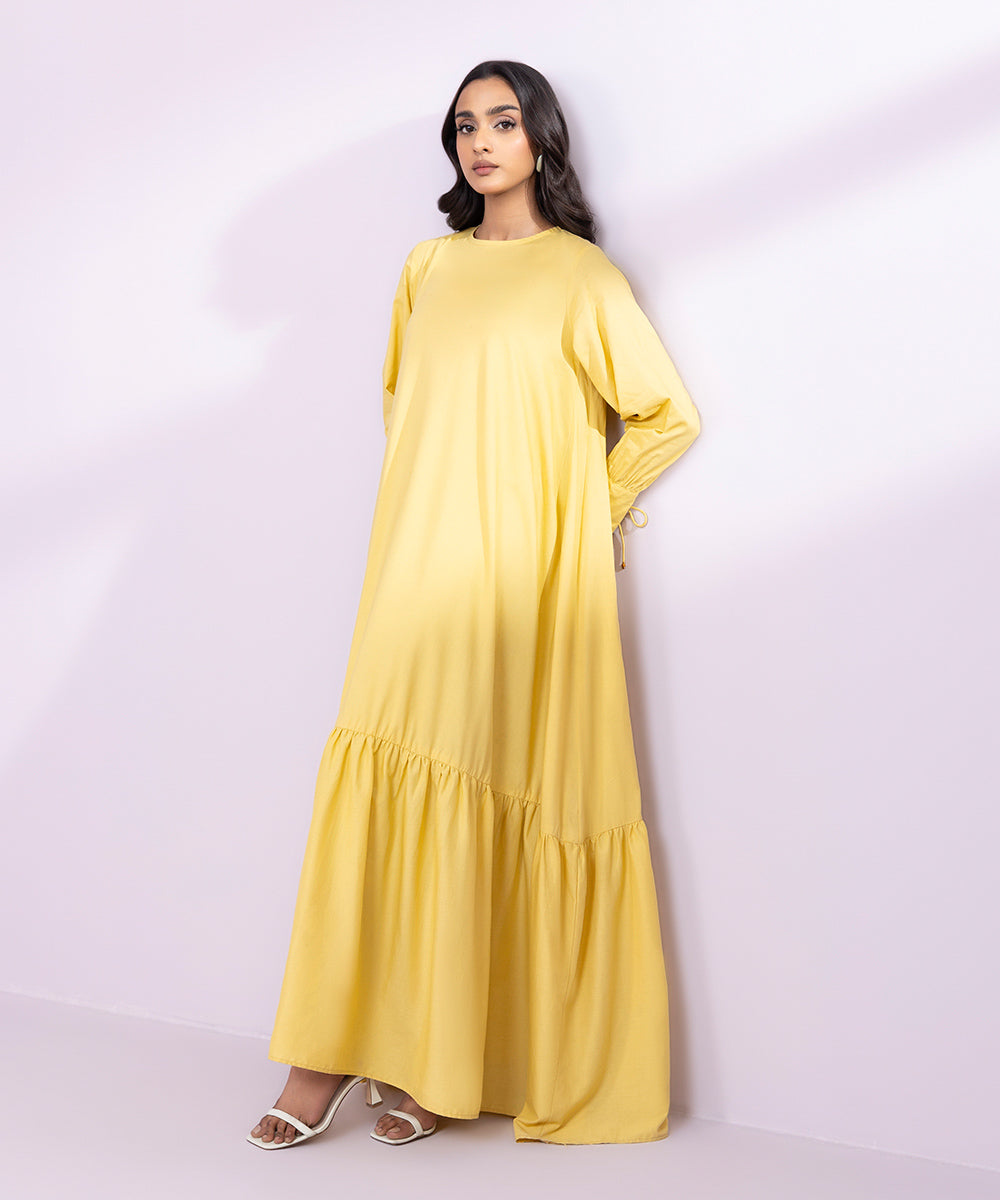 Women's Pret Cotton Solid Yellow Tier Dress