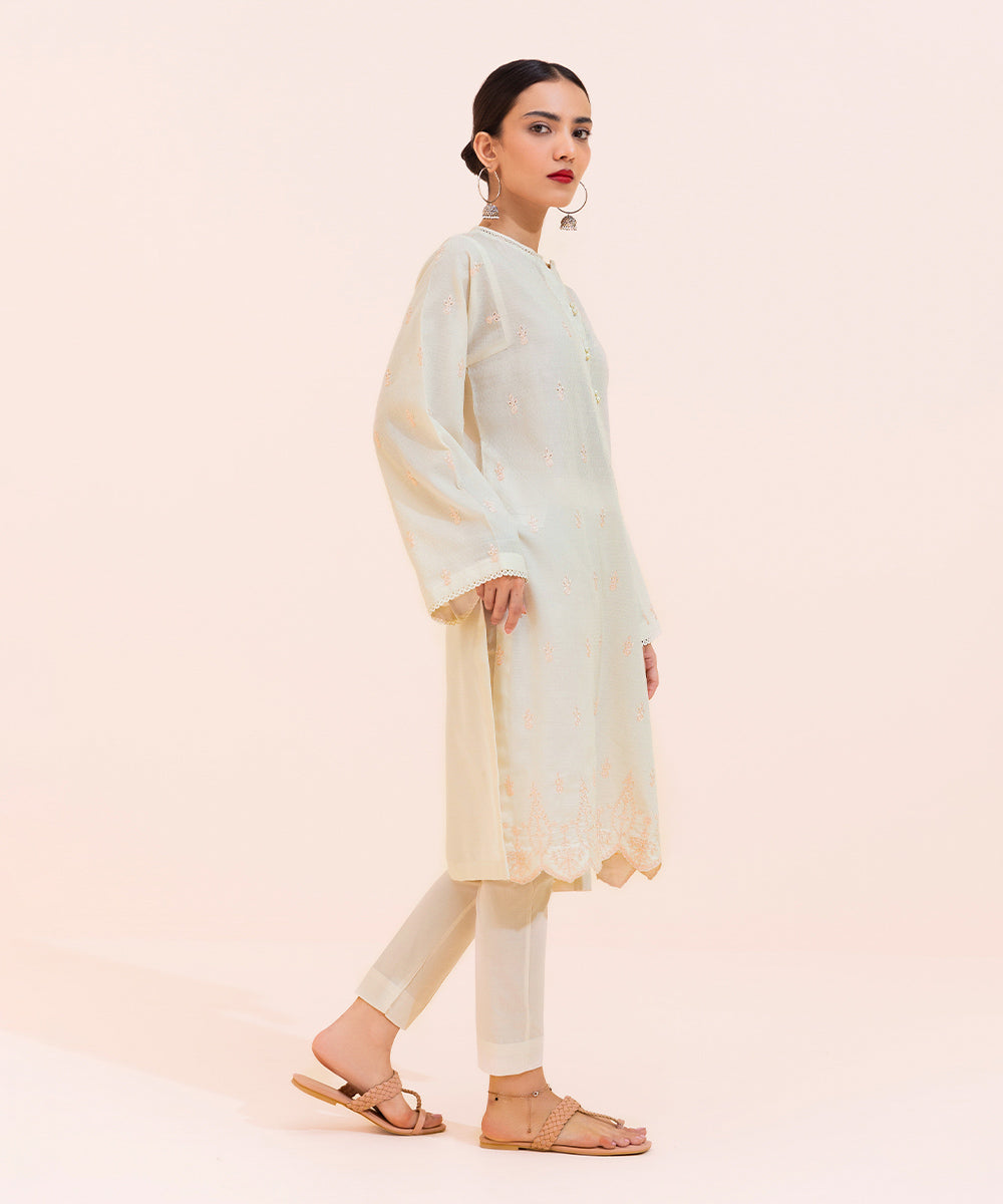 Women's Eid Pret Dobby Solid Embroidered Off White Straight Shirt