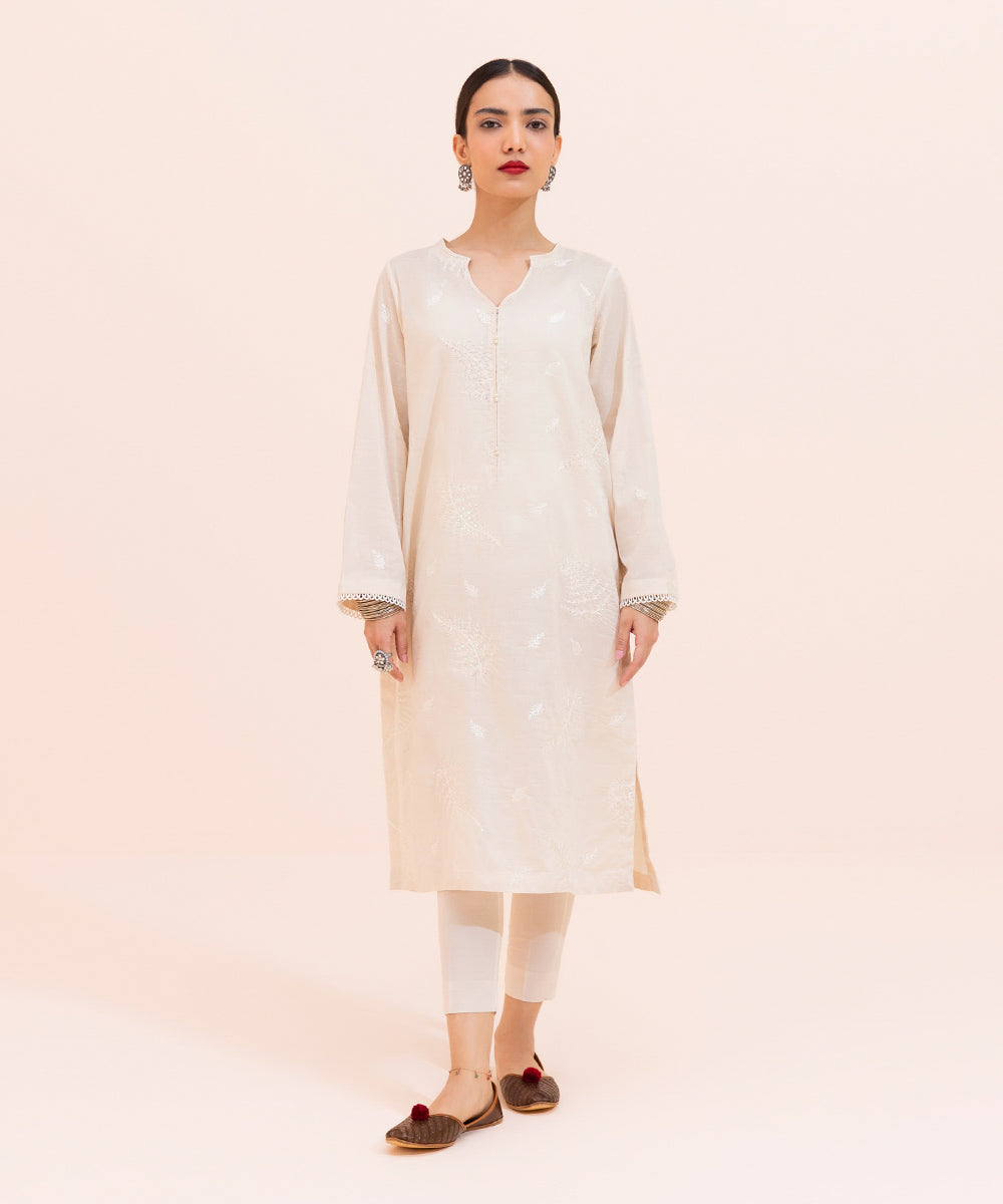 Women's Eid Pret Self Jacquard Solid Embroidered Off White Straight Shirt