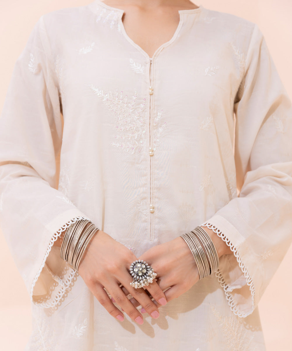 Women's Eid Pret Self Jacquard Solid Embroidered Off White Straight Shirt