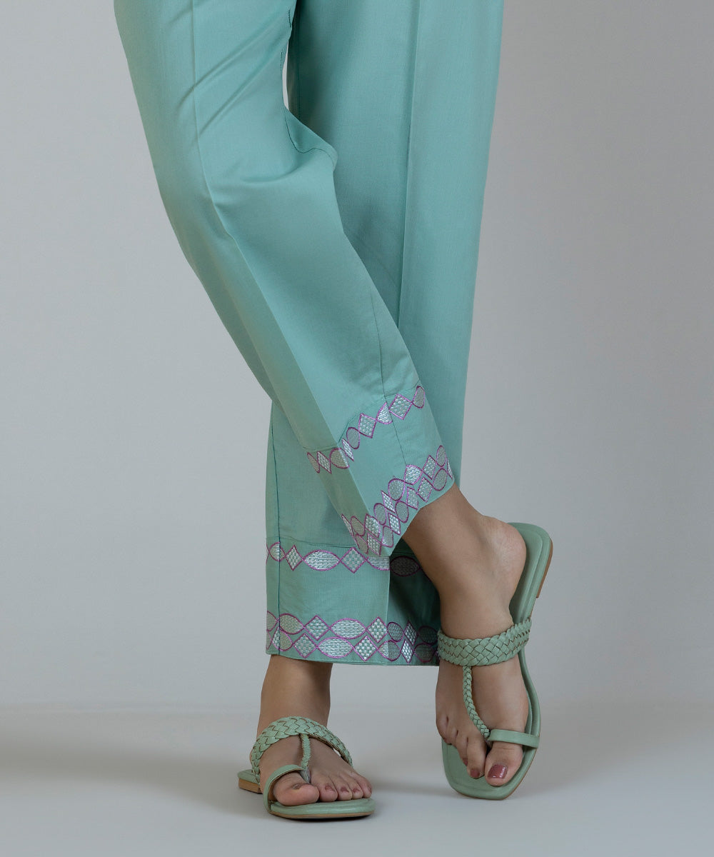 Women's Pret Cambric Embroidered Green Straight Pants
