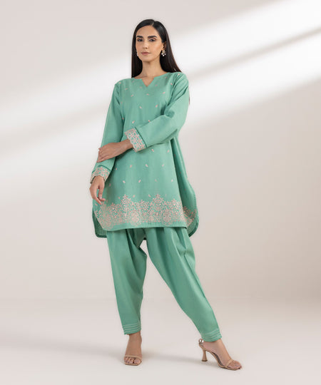 Women's Pret Cotton Linen Embroidered Green Straight Shirt