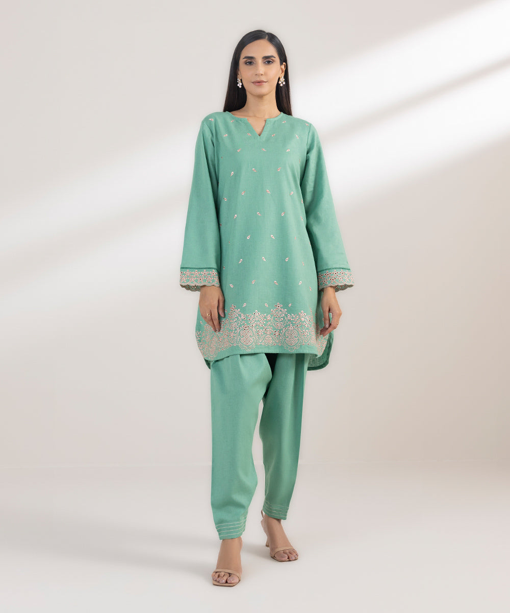 Women's Pret Cotton Linen Embroidered Green Straight Shirt