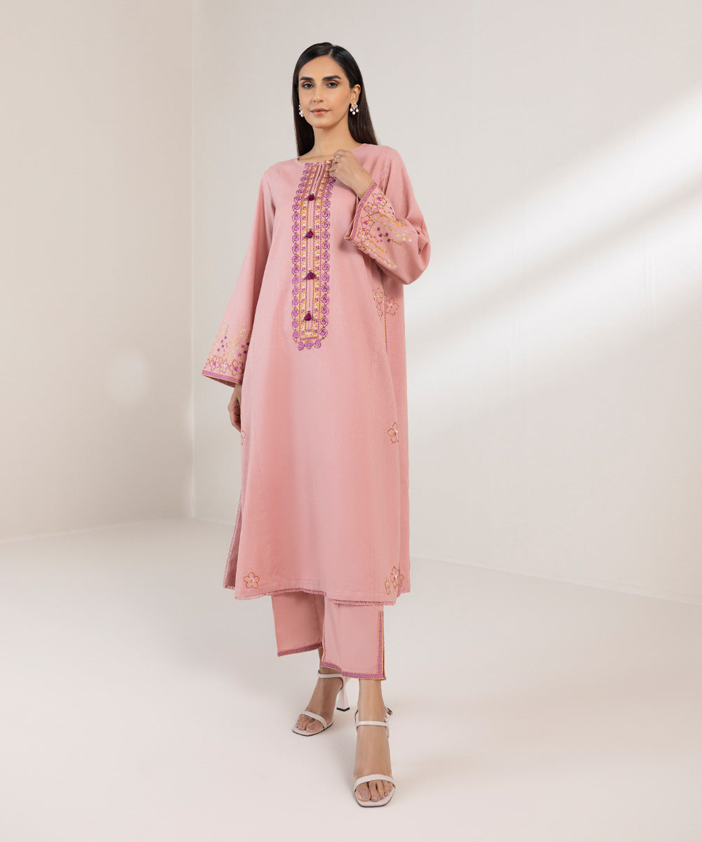 Women's Pret Cotton Linen Embroidered Pink A-Line Shirt