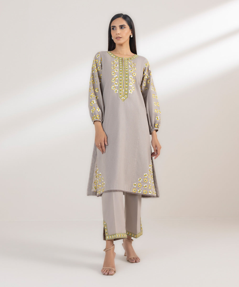 Women's Pret Cotton Linen Embroidered Grey A-Line Shirt