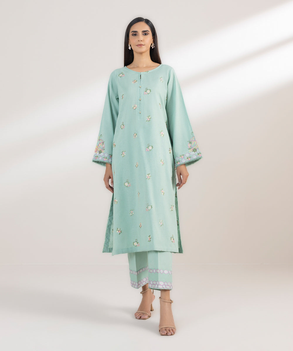 Women's Pret Cotton Linen Embroidered Green A-Line Shirt