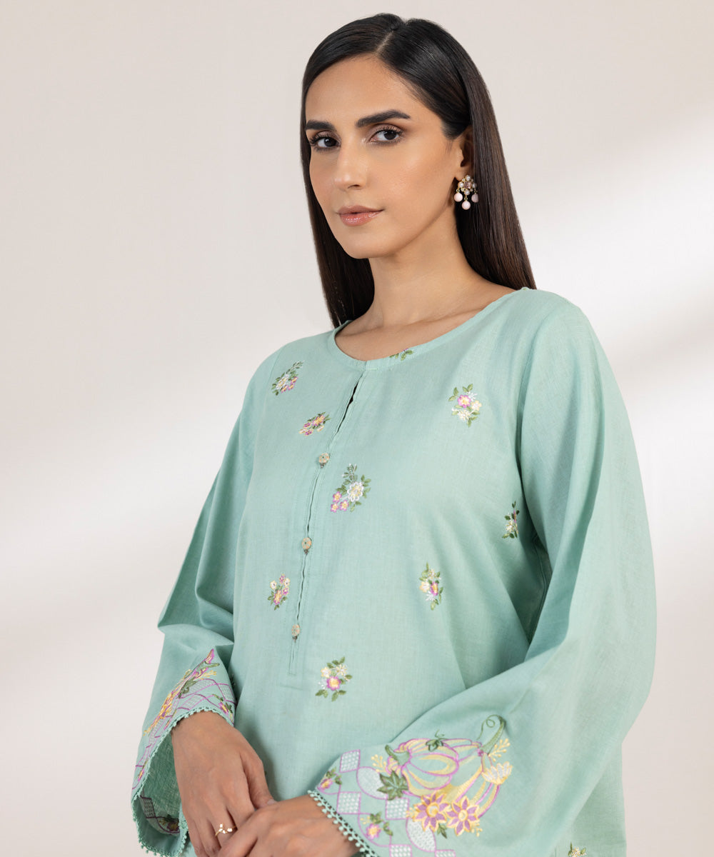 Women's Pret Cotton Linen Embroidered Green A-Line Shirt