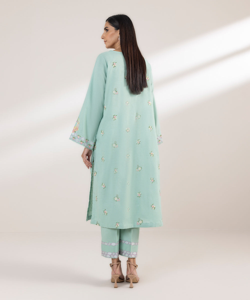 Women's Pret Cotton Linen Embroidered Green A-Line Shirt