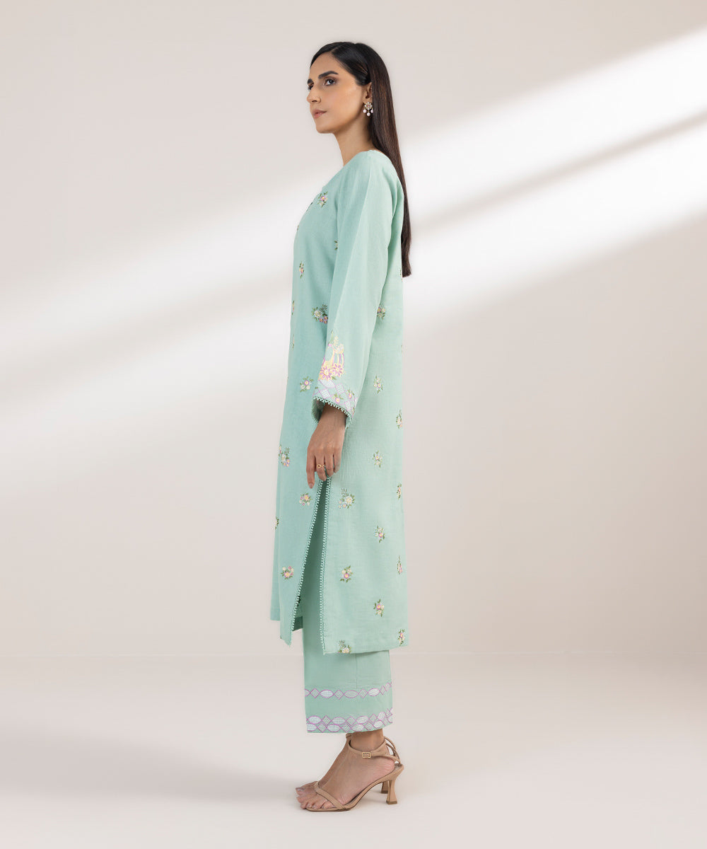 Women's Pret Cotton Linen Embroidered Green A-Line Shirt