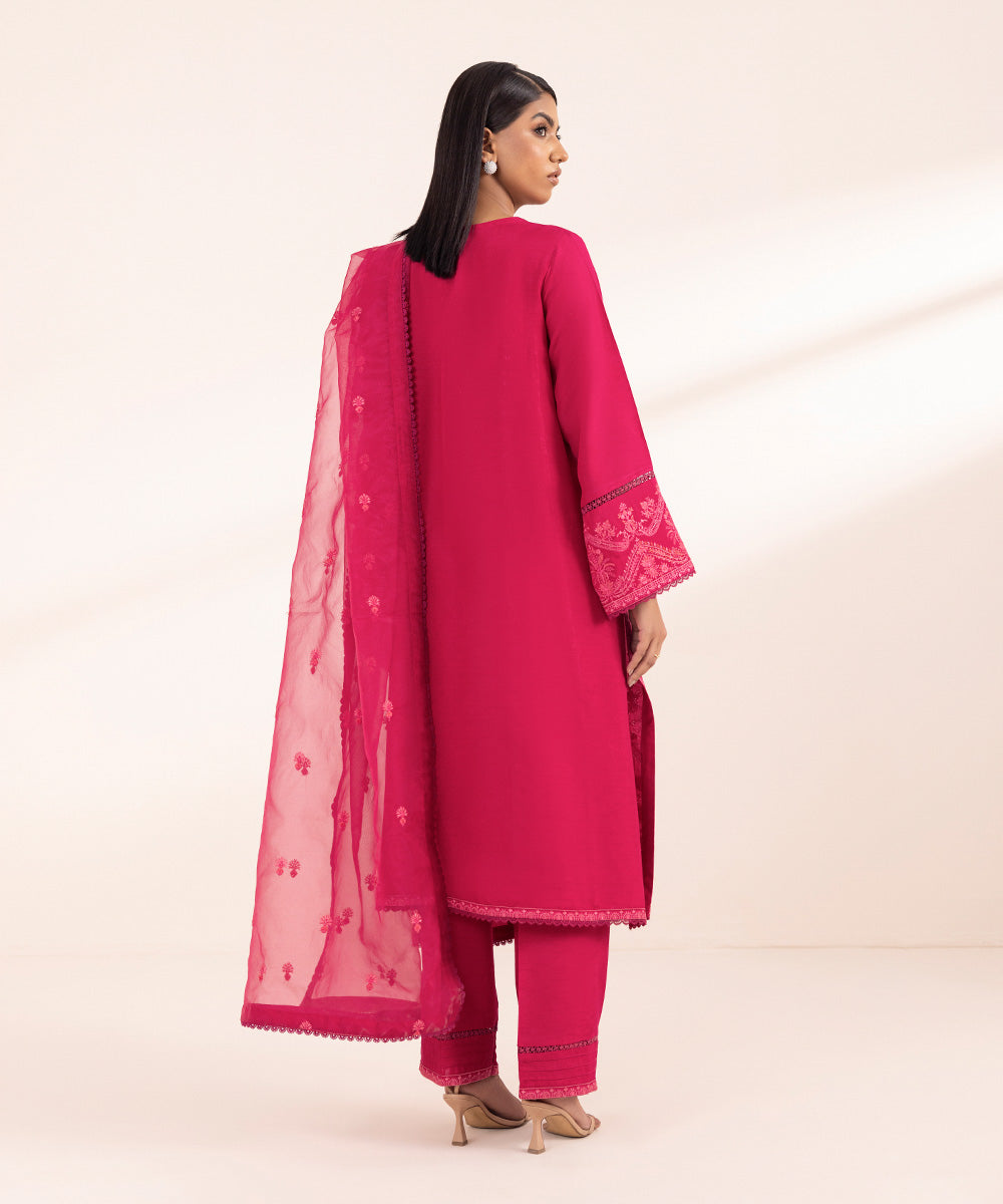 Women's Pret Raw Silk Embroidered Pink 3 Piece Suit