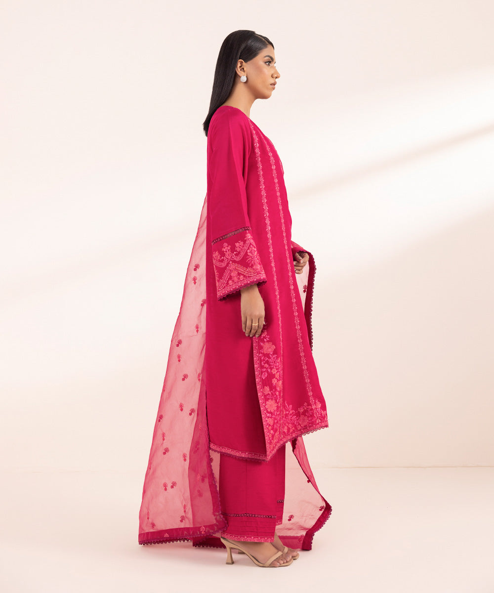 Women's Pret Raw Silk Embroidered Pink 3 Piece Suit