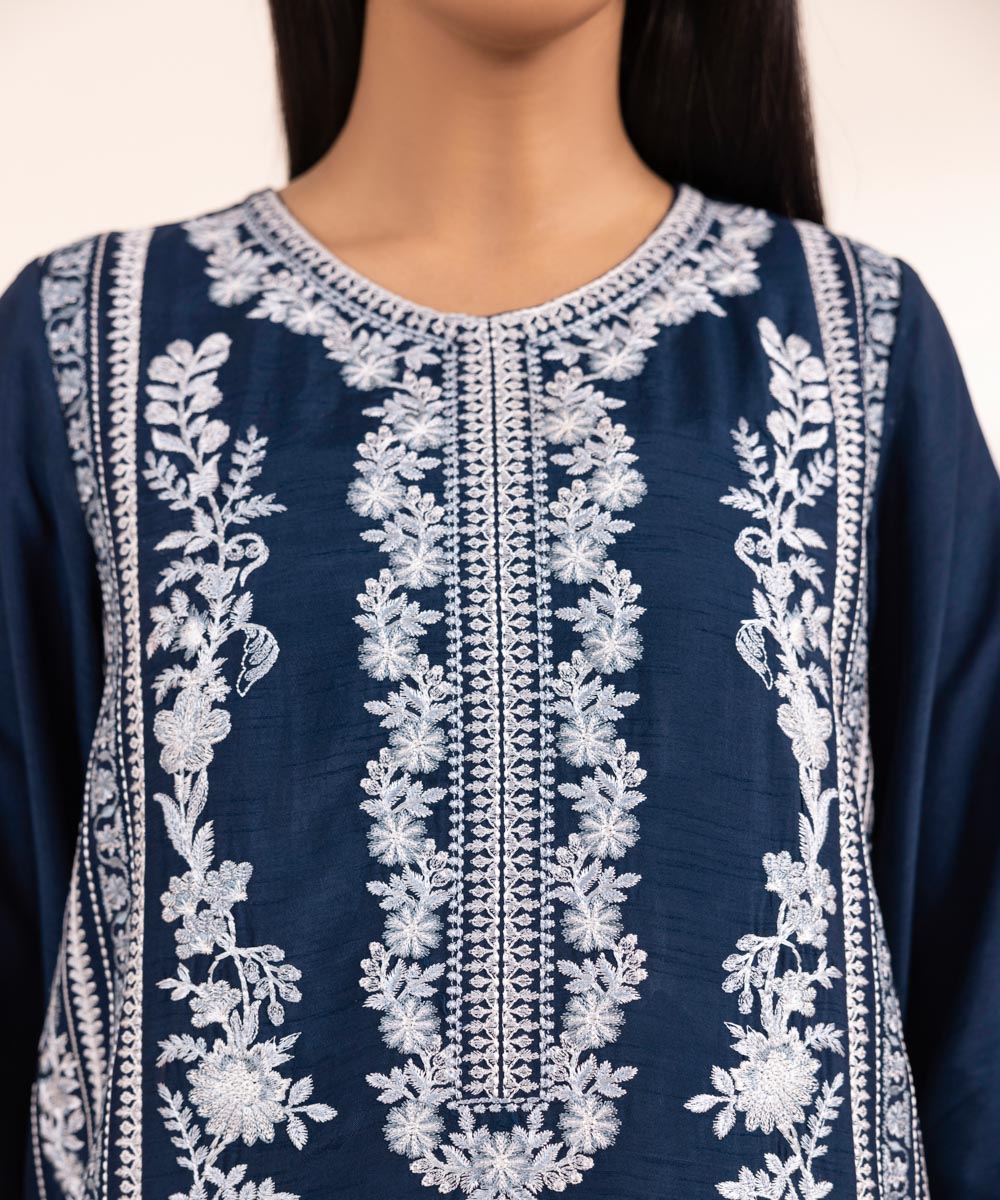 Women's Pret Raw Silk Embroidered Blue 3 Piece Suit