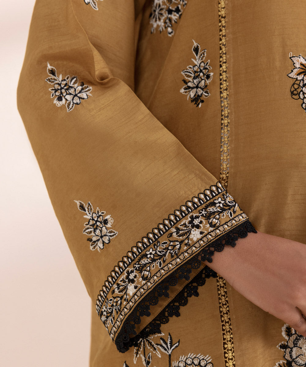 Women's Pret Raw Silk Embroidered Brown 3 Piece Suit