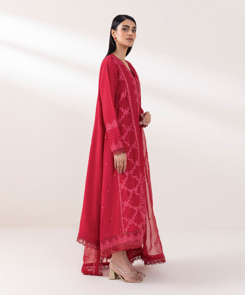 Women's Pret Raw Silk Embroidered Red 3 Piece Suit