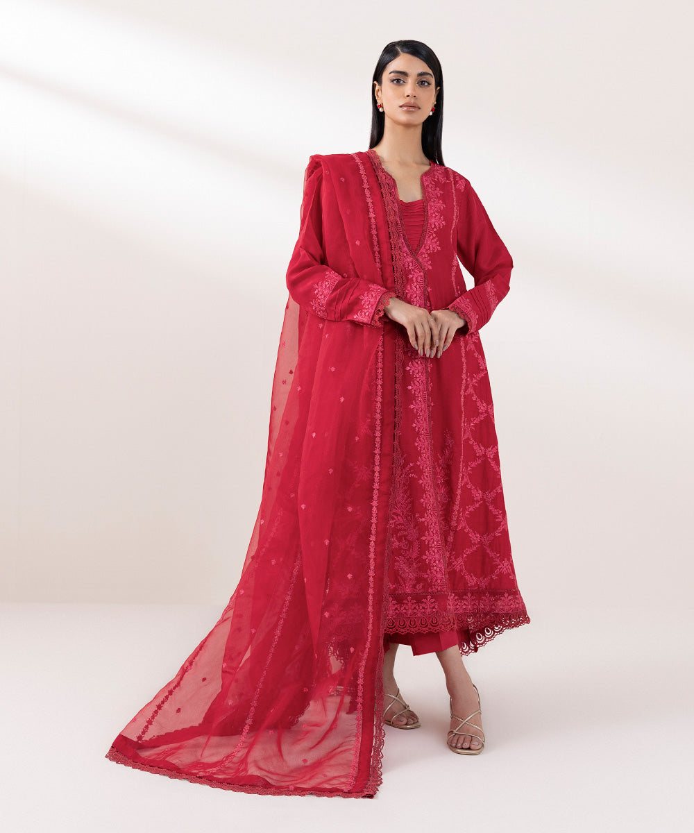 Women's Pret Raw Silk Embroidered Red 3 Piece Suit