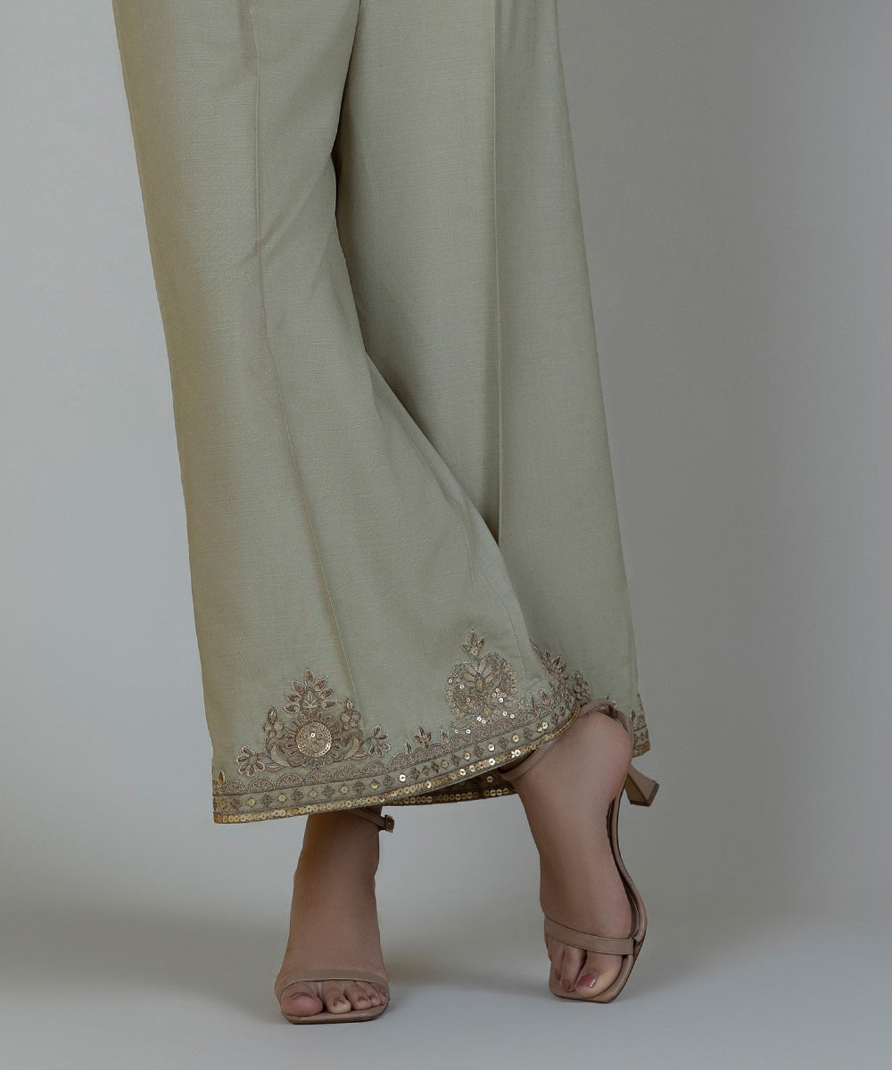 Women's Pret Raw Silk Embroidered Beige Culottes