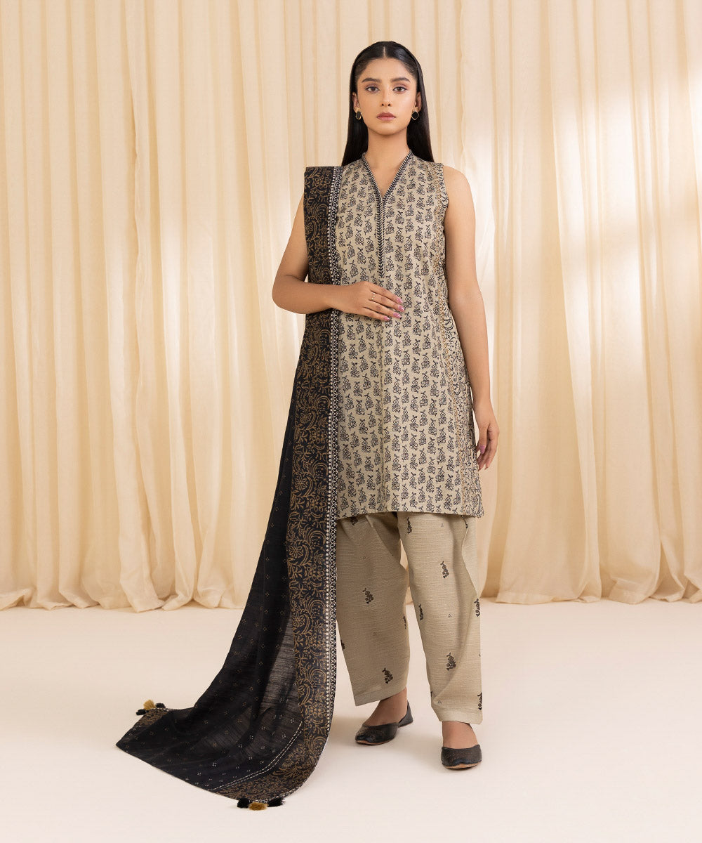 Women's Unstitched Printed Beige Khaddar Three Piece Suit