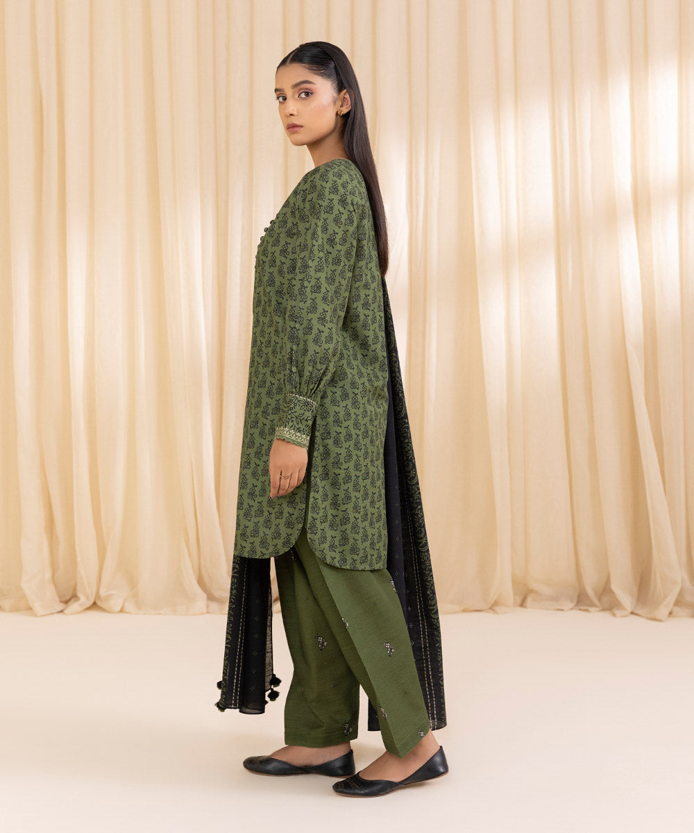 Women's Unstitched Printed Army Green Khaddar Three Piece Suit