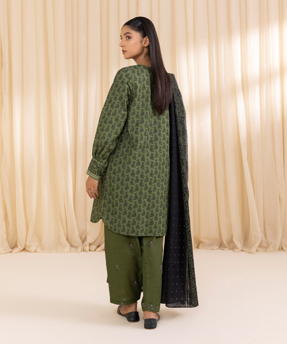 Women's Unstitched Printed Army Green Khaddar Three Piece Suit