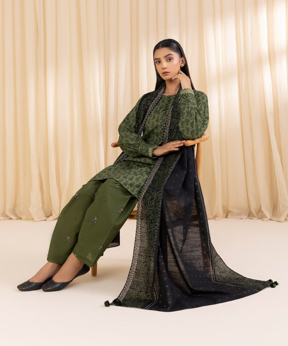 Women's Unstitched Printed Army Green Khaddar Three Piece Suit