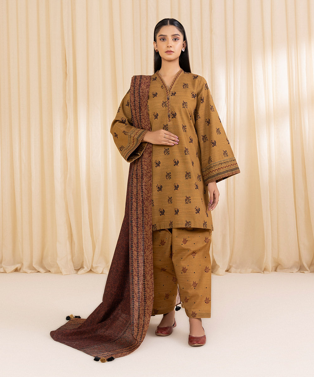 Women's Unstitched Printed Mustard Khaddar Three Piece Suit