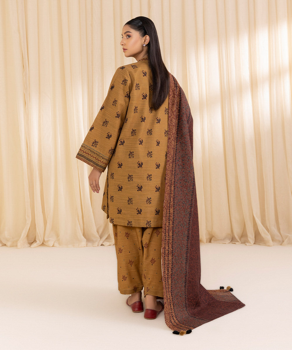 Women's Unstitched Printed Mustard Khaddar Three Piece Suit