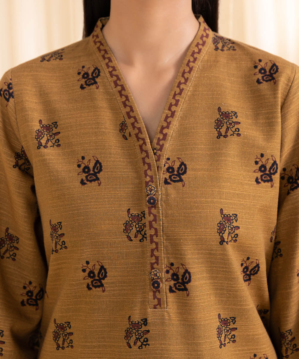 Women's Unstitched Printed Mustard Khaddar Three Piece Suit