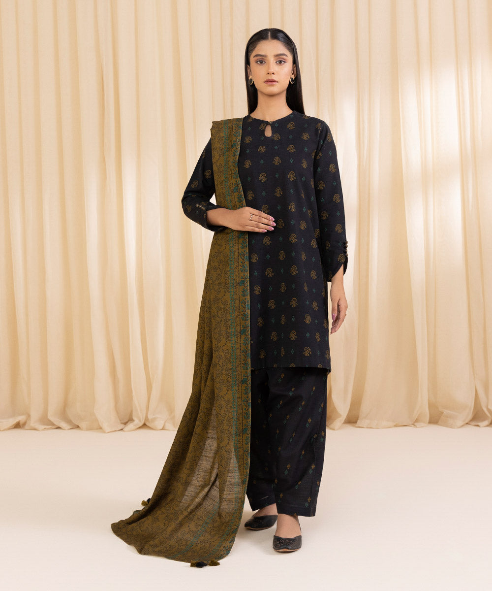 Women's Unstitched Printed Black Khaddar Three Piece Suit