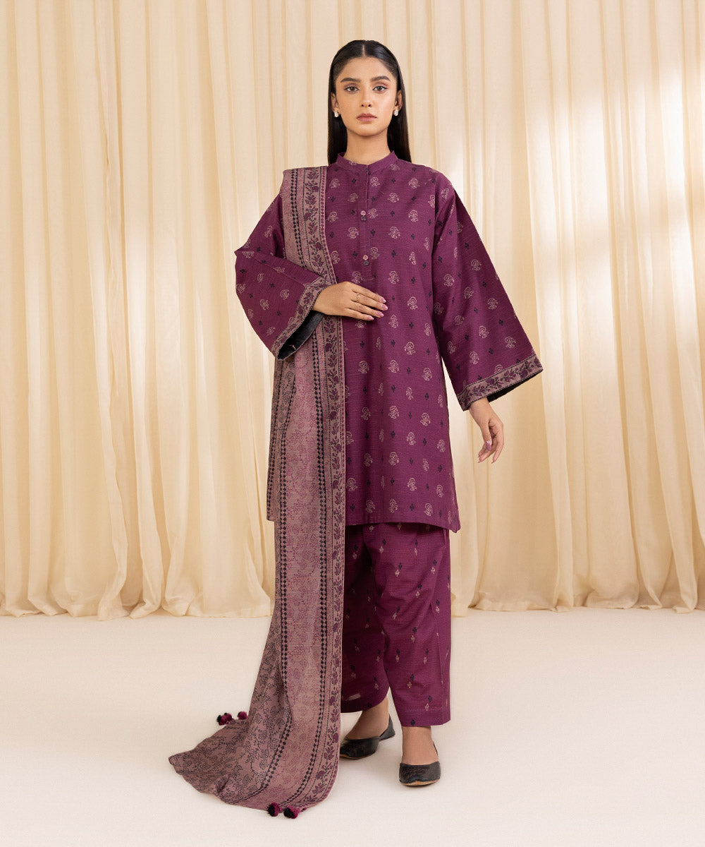 Women's Unstitched Printed Plum Khaddar Three Piece Suit