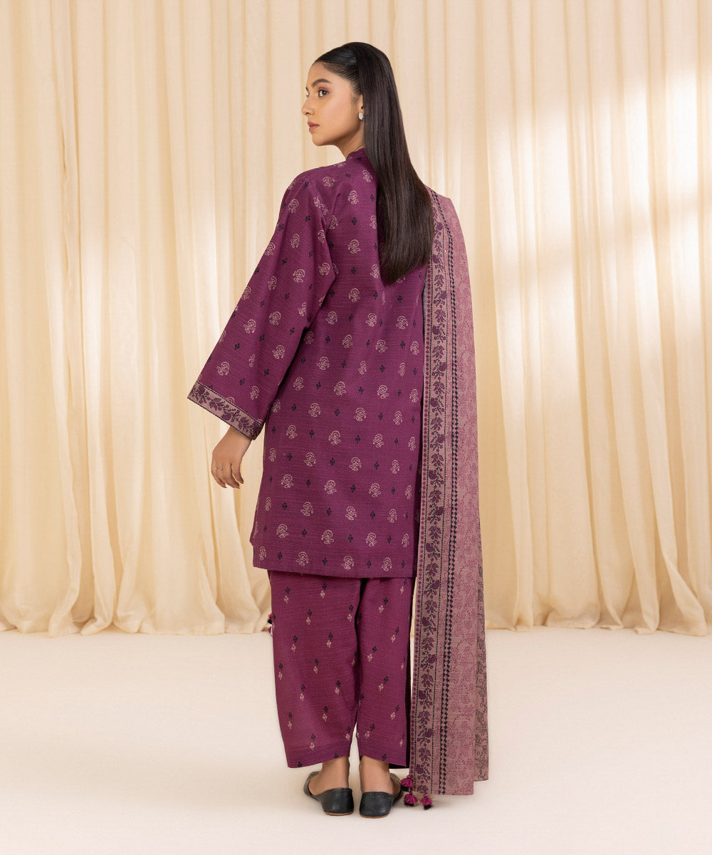 Women's Unstitched Printed Plum Khaddar Three Piece Suit