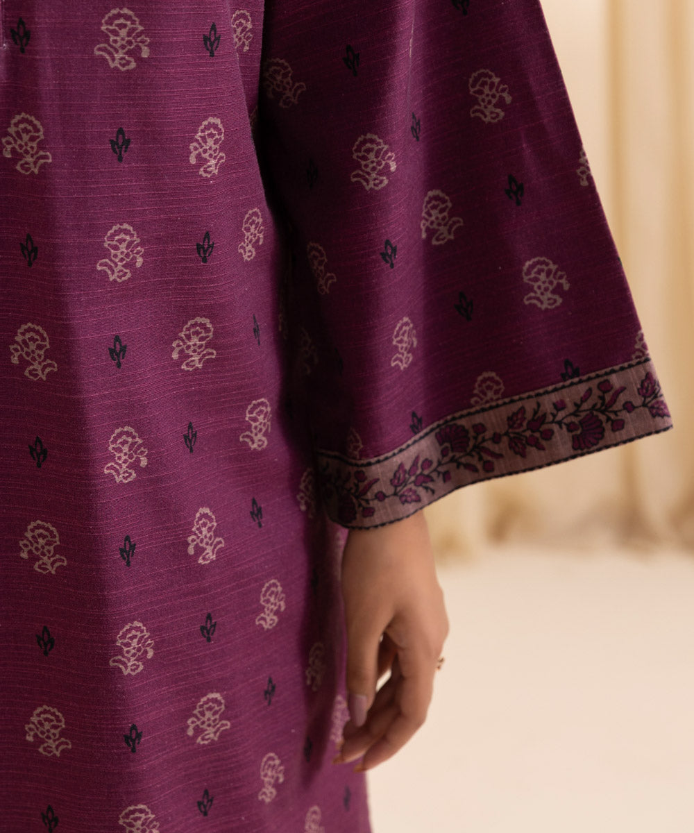 Women's Unstitched Printed Plum Khaddar Three Piece Suit