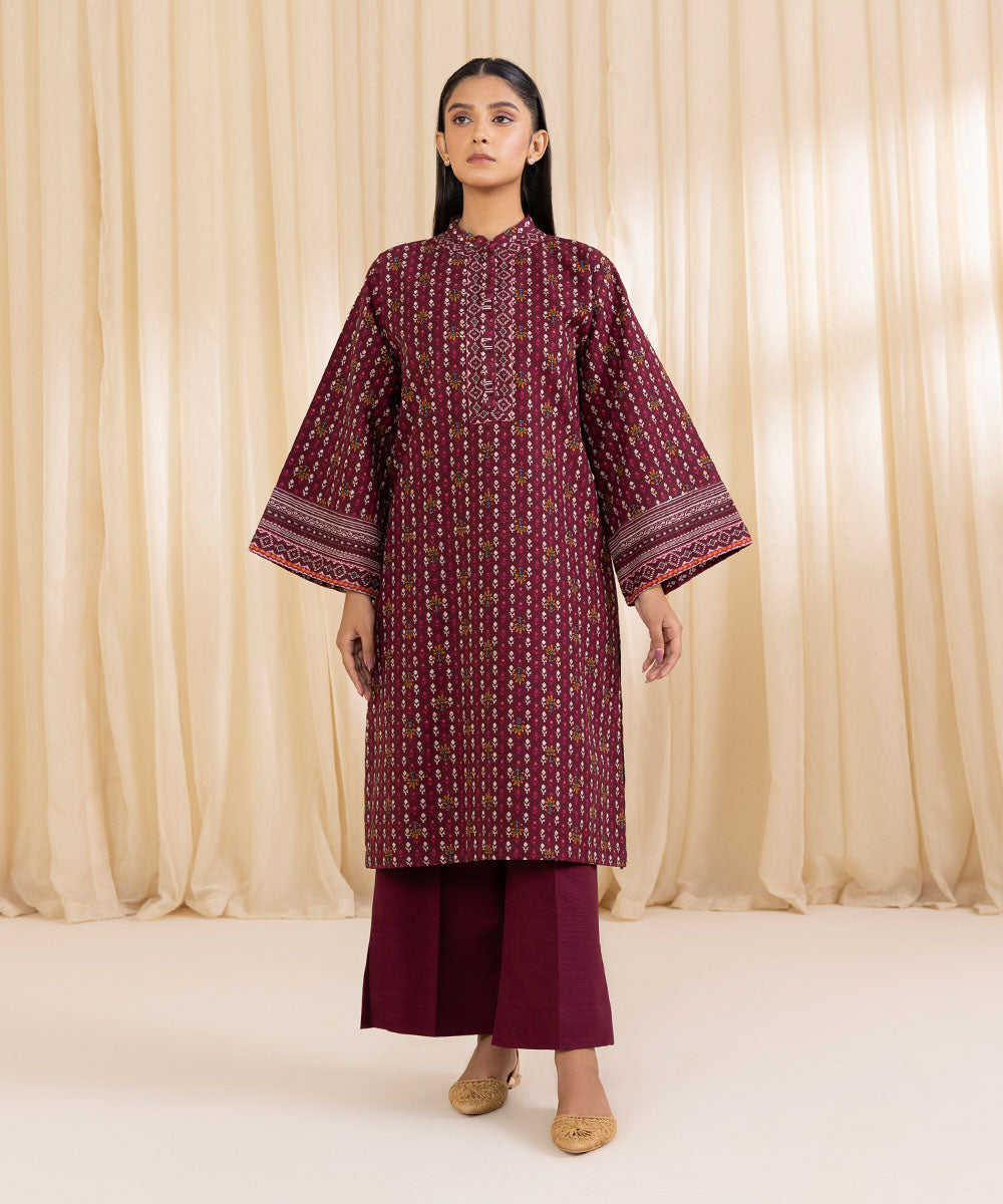 Women's Unstitched Printed Deep Claret Khaddar Shirt and Dupatta