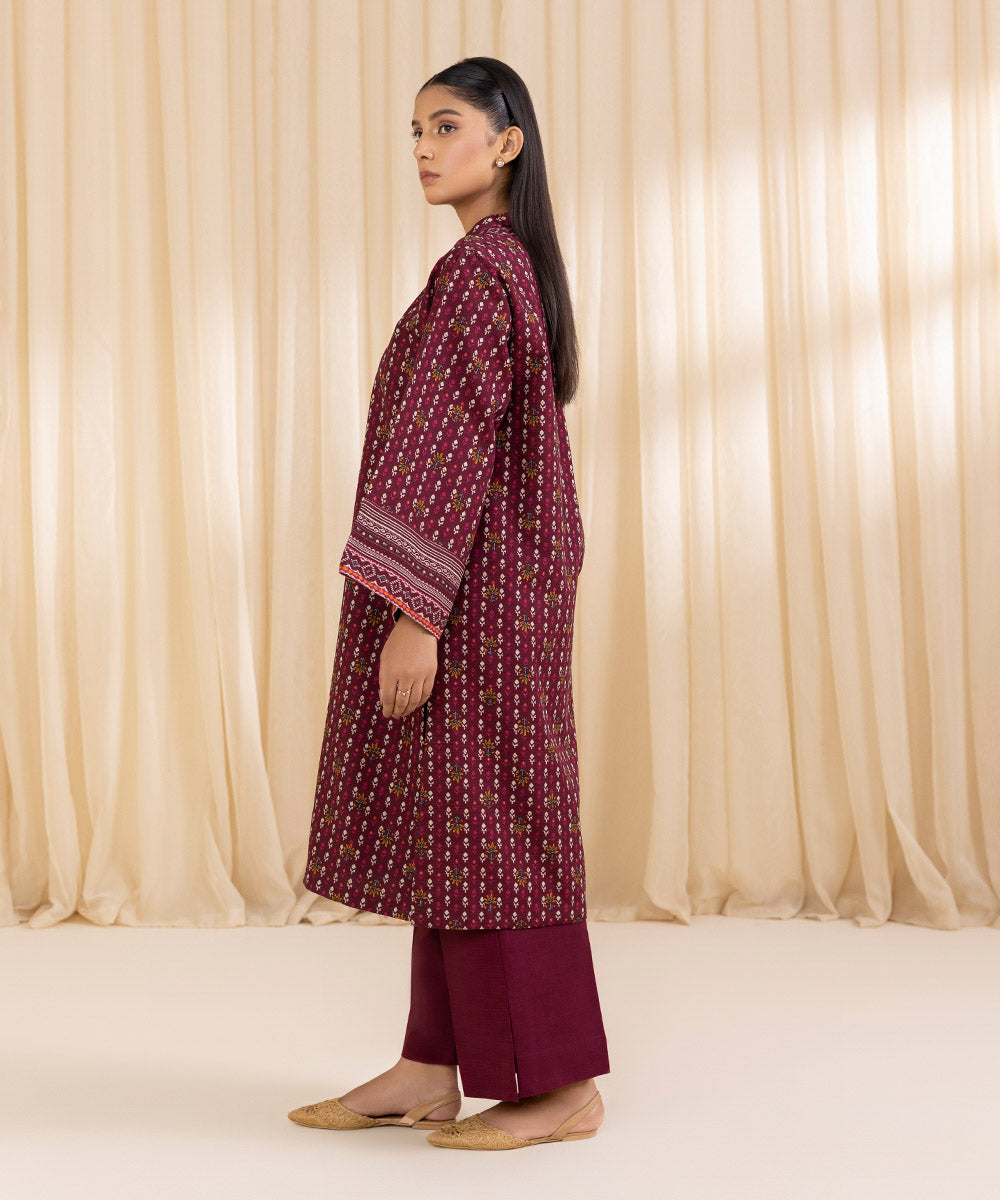 Women's Unstitched Printed Deep Claret Khaddar Shirt and Dupatta