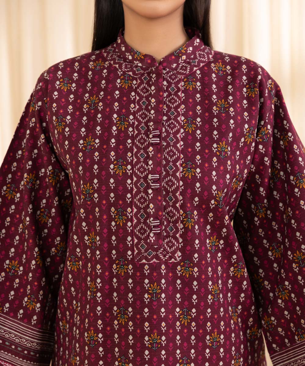 Women's Unstitched Printed Deep Claret Khaddar Shirt and Dupatta