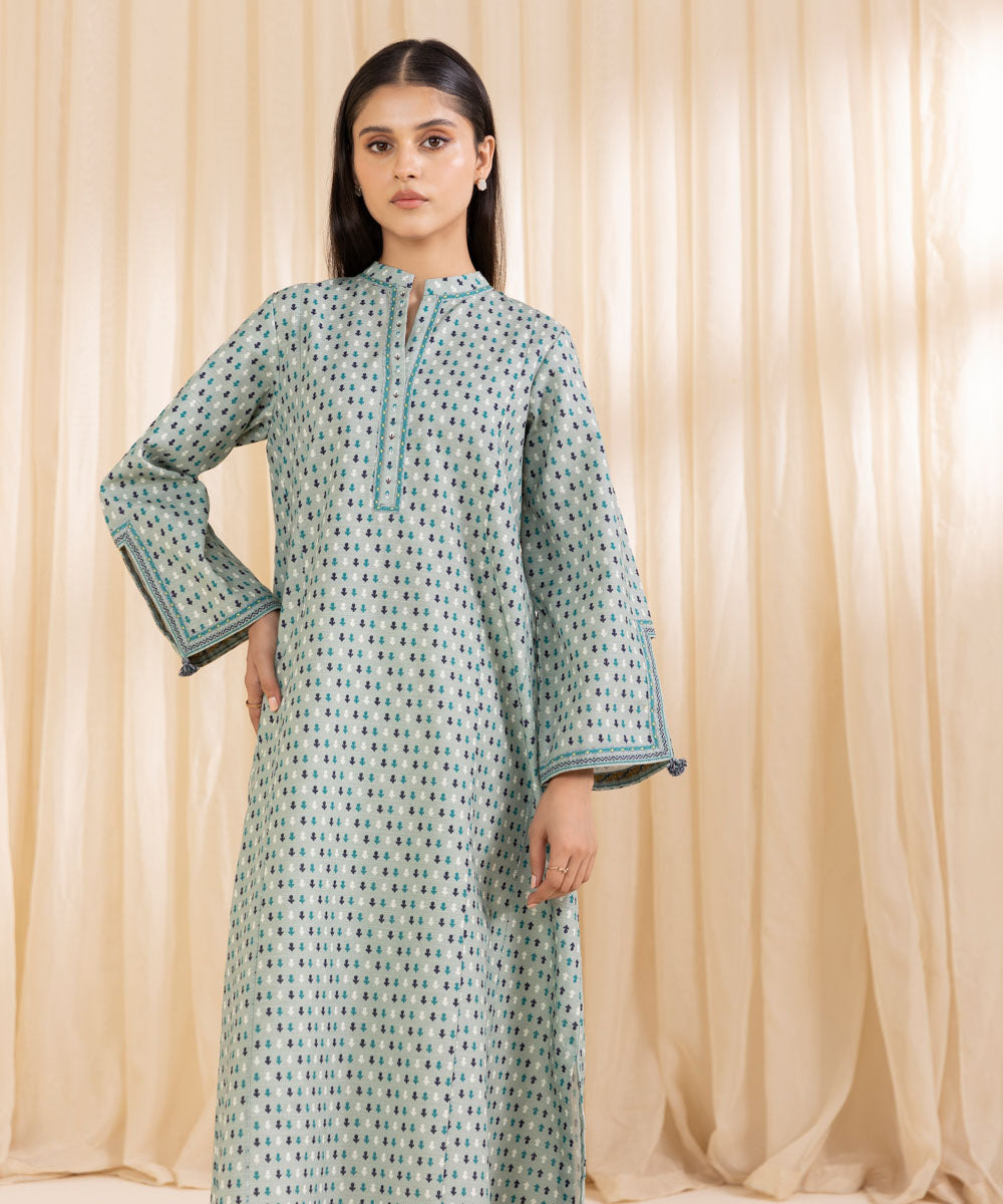 Women's Unstitched Printed Tidewater Blue Khaddar Shirt and Dupatta