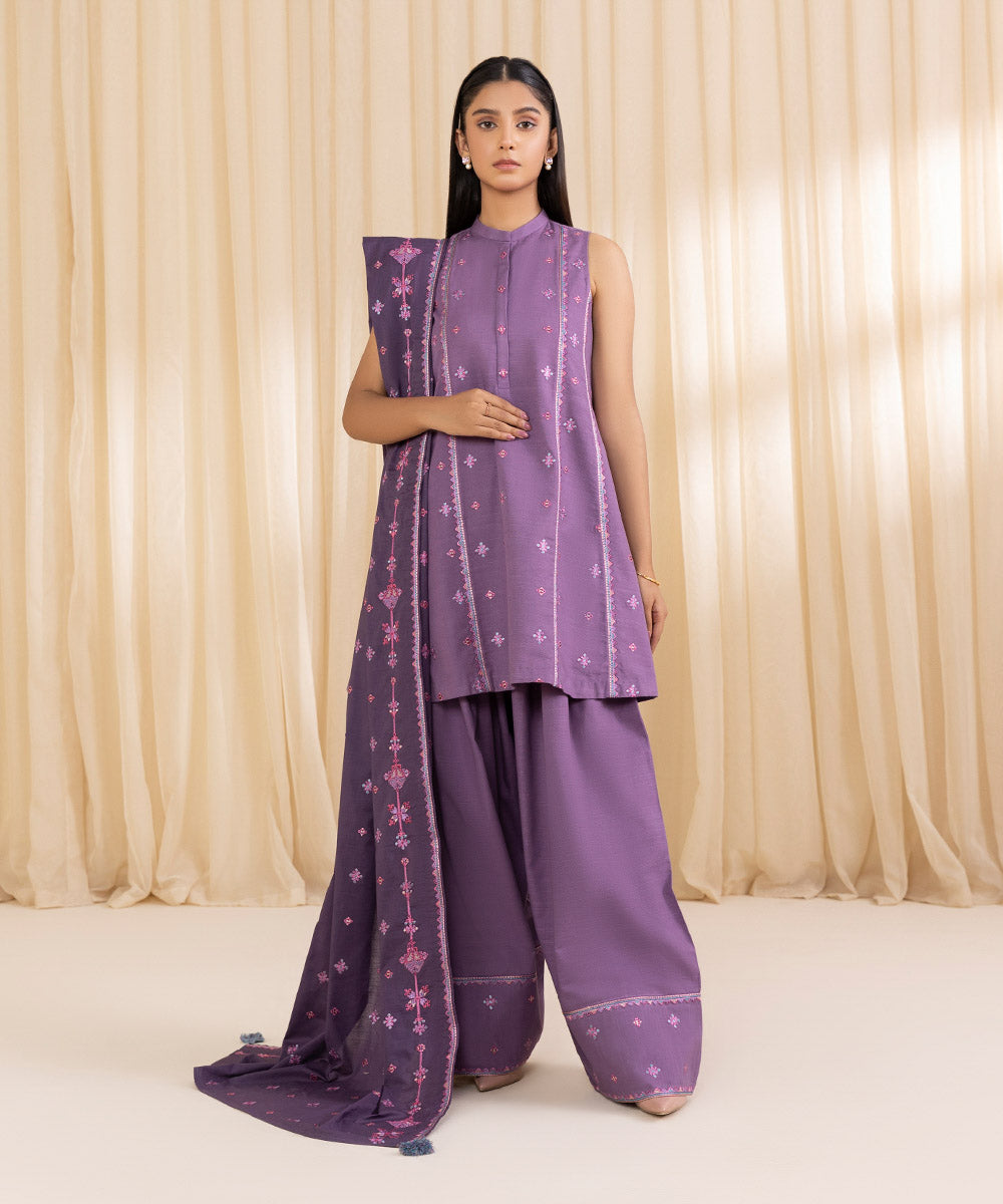 Women's Unstitched Embroidered Amethyst Smoke Khaddar Three Piece Suit