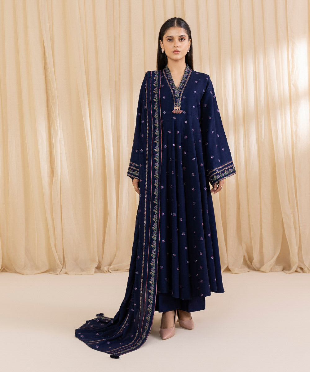 Women's Unstitched Embroidered Navy Blue Linen Three Piece Suit